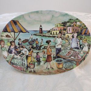 Effetti D,Arte Oval Salad Plat Fish Market Scene Made In Italy 8"X6"
